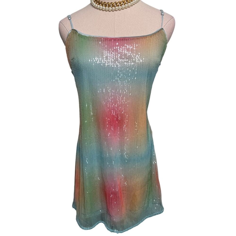 STAUD Jenny Dress Rainbow Ombré Mesh Mini slip sequin size medium M - Picture 7 of 14